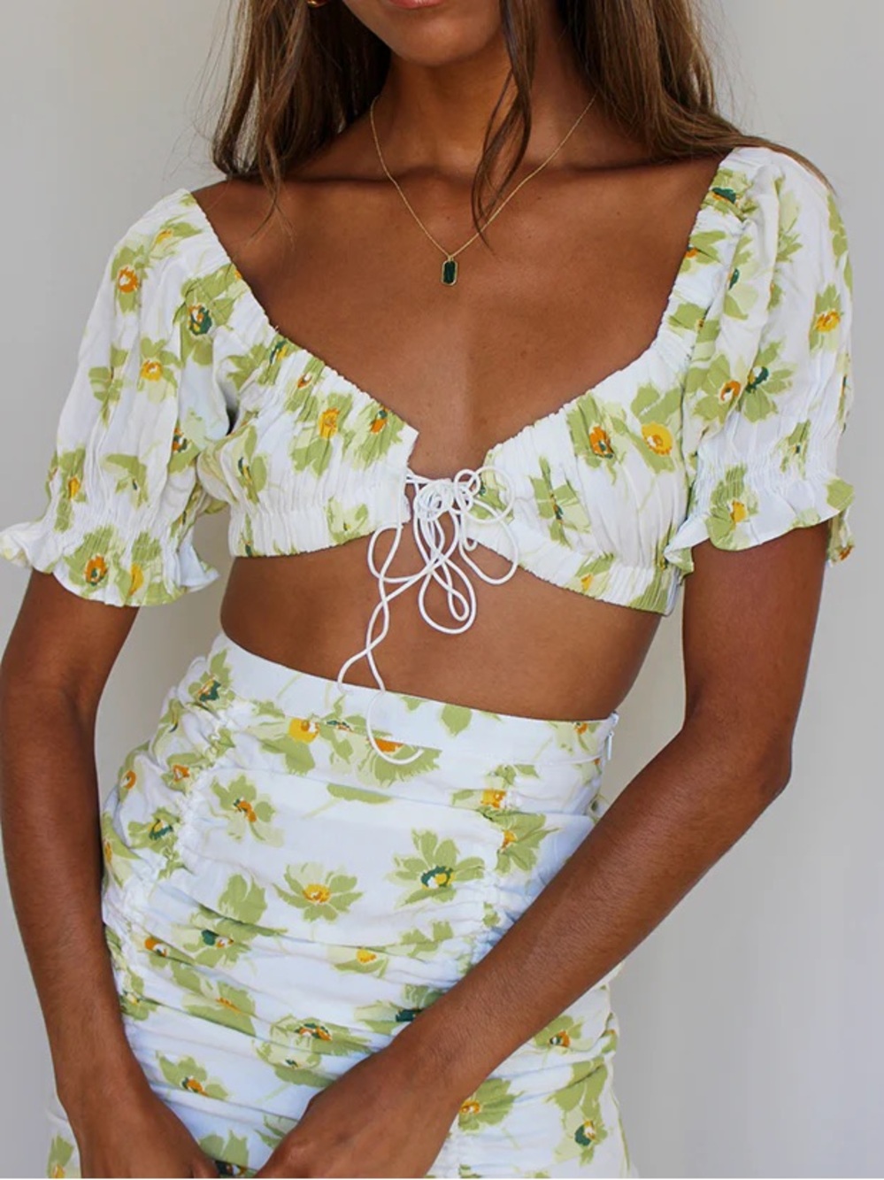 12th Tribe Floral Tie Front Crop Top M Green White Puff Sleeve Cottagecore